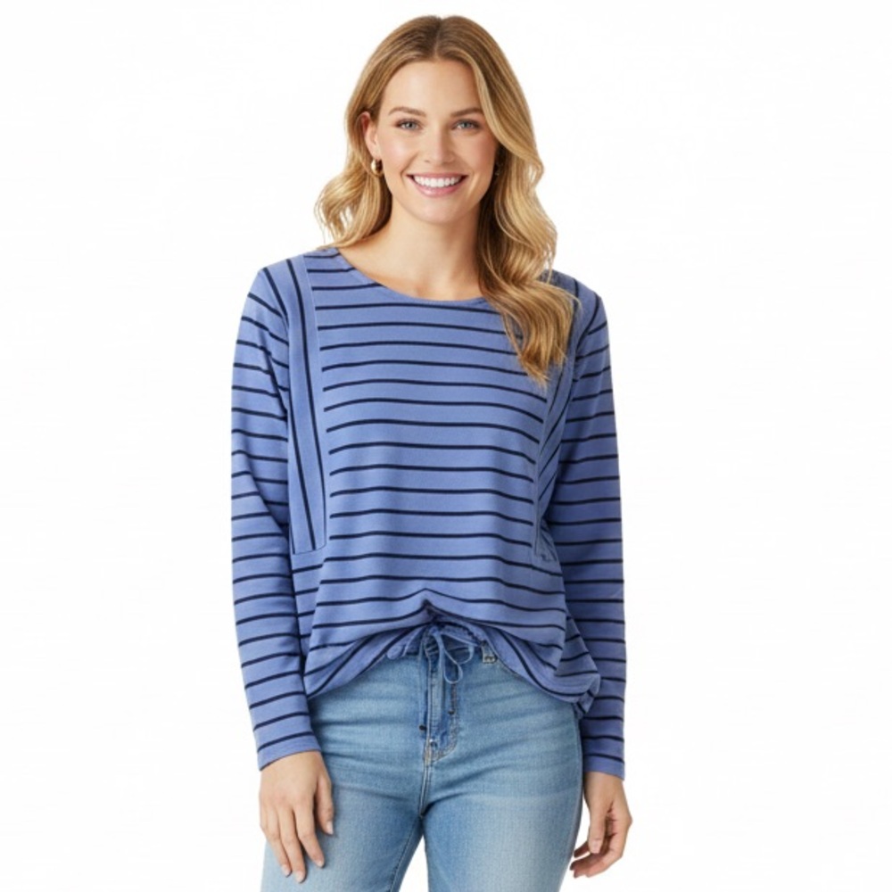 J. Jill Women's Pullover Top Long Sleeve Blue Striped Soft Cotton/Tencel Size LP